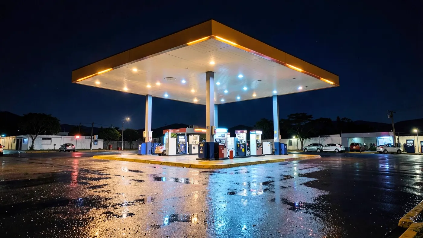 Estación San Luis iluminada de noche en Tuxtla Gutiérrez